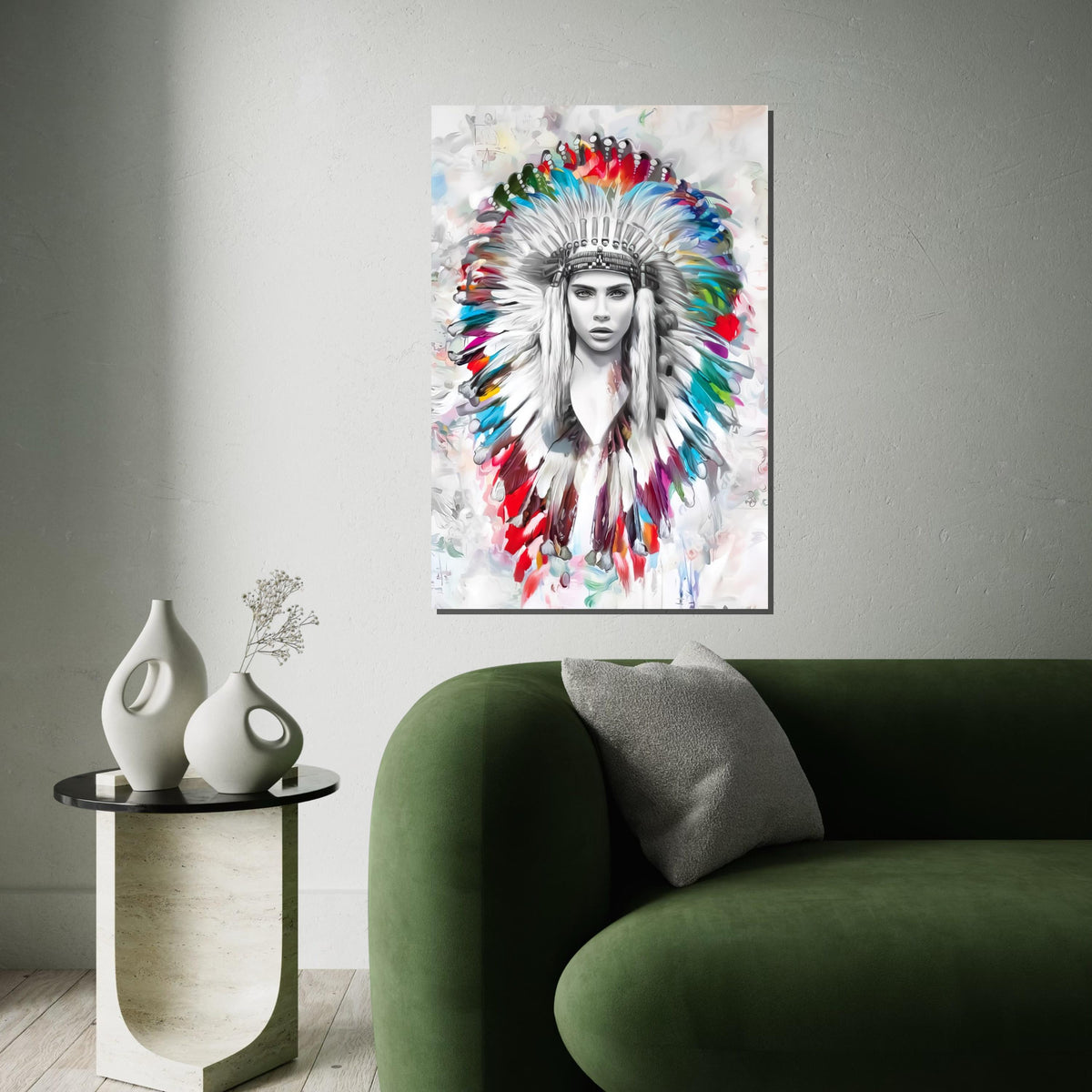 Colorful Headdress Canvas, Native American Portrait Art, Multicolor Feather Wall Art, Wall Art Canvas Design, Ready To Hang Decoration