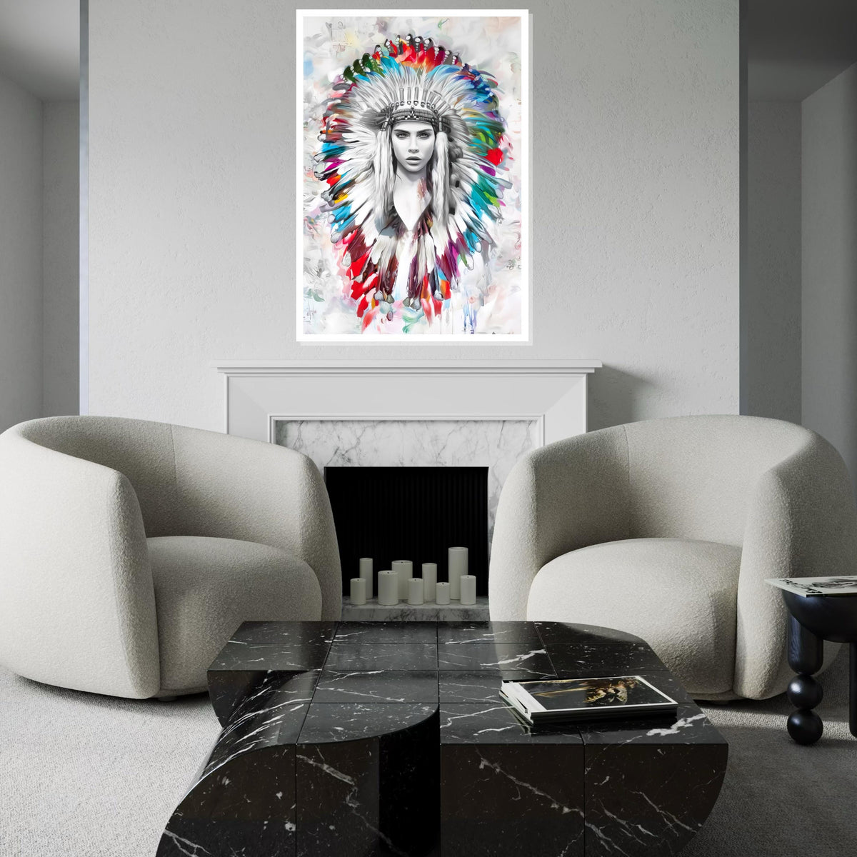 Colorful Headdress Canvas, Native American Portrait Art, Multicolor Feather Wall Art, Wall Art Canvas Design, Ready To Hang Decoration