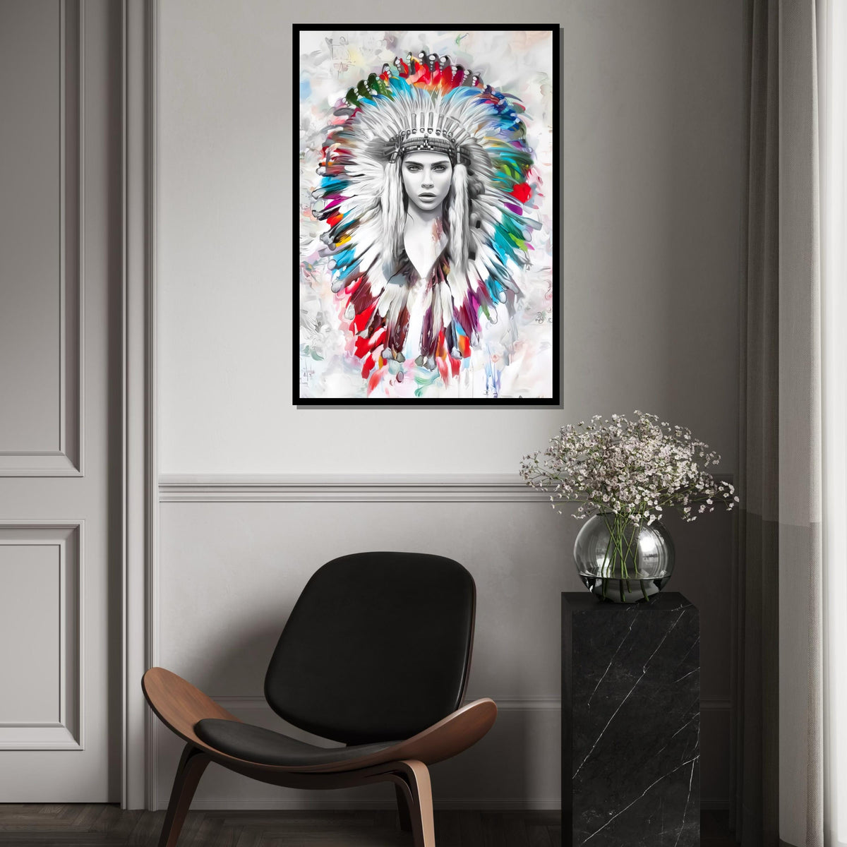 Colorful Headdress Canvas, Native American Portrait Art, Multicolor Feather Wall Art, Wall Art Canvas Design, Ready To Hang Decoration