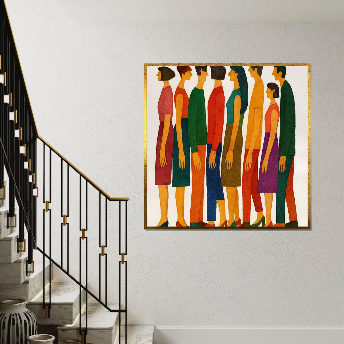 Colorful Figures Canvas, Abstract People Art, Modern Wall Art, Human Silhouette Print, Ready To Hang Decoration, Vibrant Lines Design