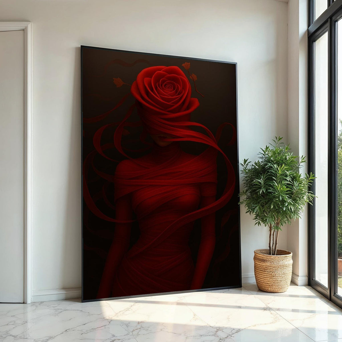Red Rose Woman Canvas, Flower Head Art, Elegant Wall Art, Abstract Woman Design, Wall Art Canvas, Ready to Hang Home Decoration