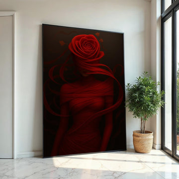Red Rose Woman Canvas, Flower Head Art, Elegant Wall Art, Abstract Woman Design, Wall Art Canvas, Ready to Hang Home Decoration
