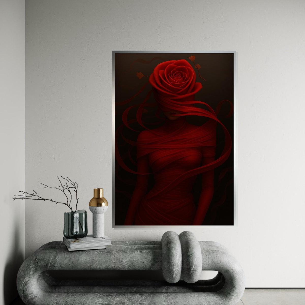 Red Rose Woman Canvas, Flower Head Art, Elegant Wall Art, Abstract Woman Design, Wall Art Canvas, Ready to Hang Home Decoration