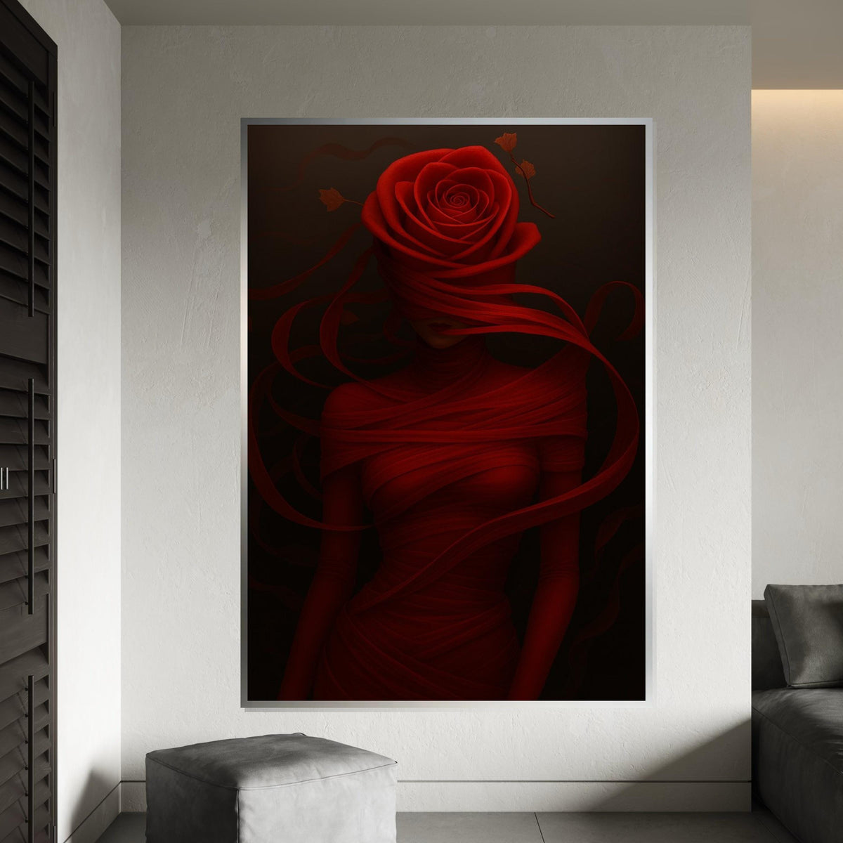 Red Rose Woman Canvas, Flower Head Art, Elegant Wall Art, Abstract Woman Design, Wall Art Canvas, Ready to Hang Home Decoration