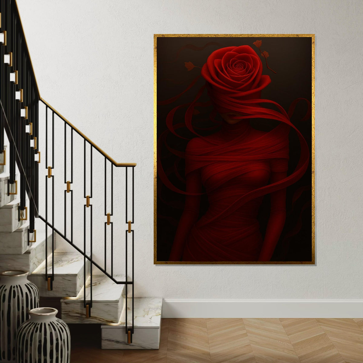 Red Rose Woman Canvas, Flower Head Art, Elegant Wall Art, Abstract Woman Design, Wall Art Canvas, Ready to Hang Home Decoration