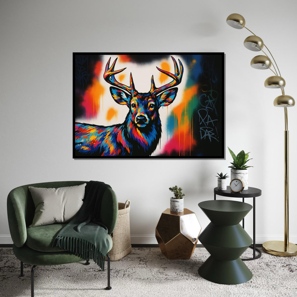 Vibrant Deer Canvas, Multicolor Stag Art, Animal Wall Print, Wall Art Canvas Design, Ready to Hang Decoration, Wildlife Graffiti Art