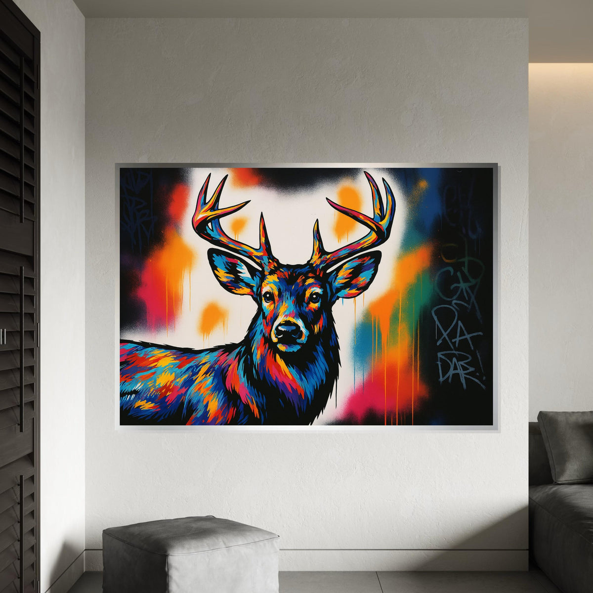 Vibrant Deer Canvas, Multicolor Stag Art, Animal Wall Print, Wall Art Canvas Design, Ready to Hang Decoration, Wildlife Graffiti Art