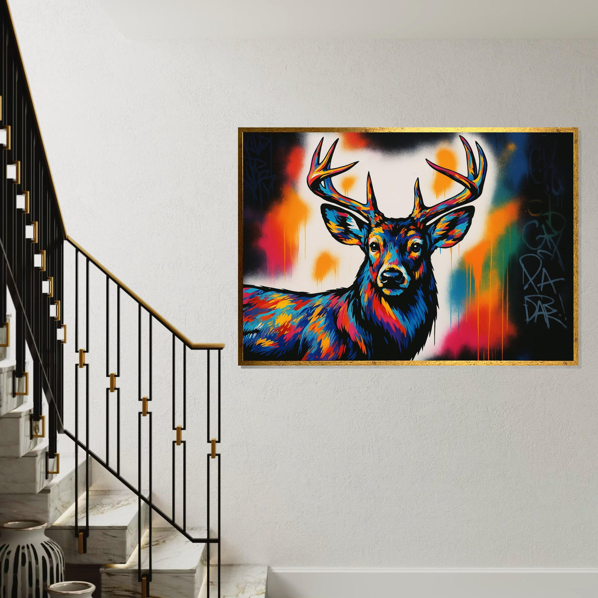 Vibrant Deer Canvas, Multicolor Stag Art, Animal Wall Print, Wall Art Canvas Design, Ready to Hang Decoration, Wildlife Graffiti Art