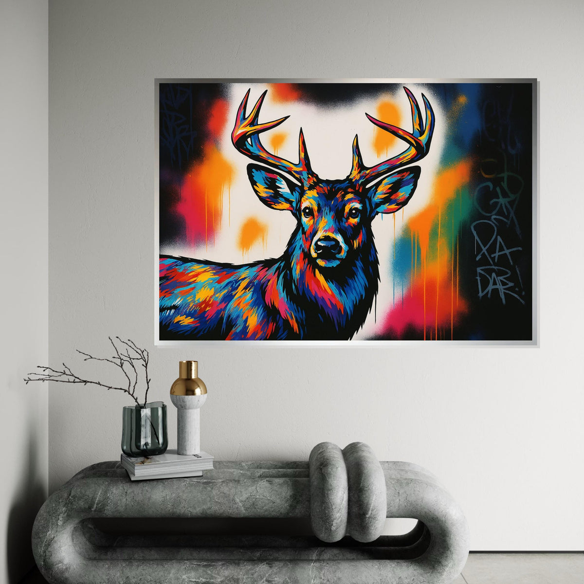Vibrant Deer Canvas, Multicolor Stag Art, Animal Wall Print, Wall Art Canvas Design, Ready to Hang Decoration, Wildlife Graffiti Art