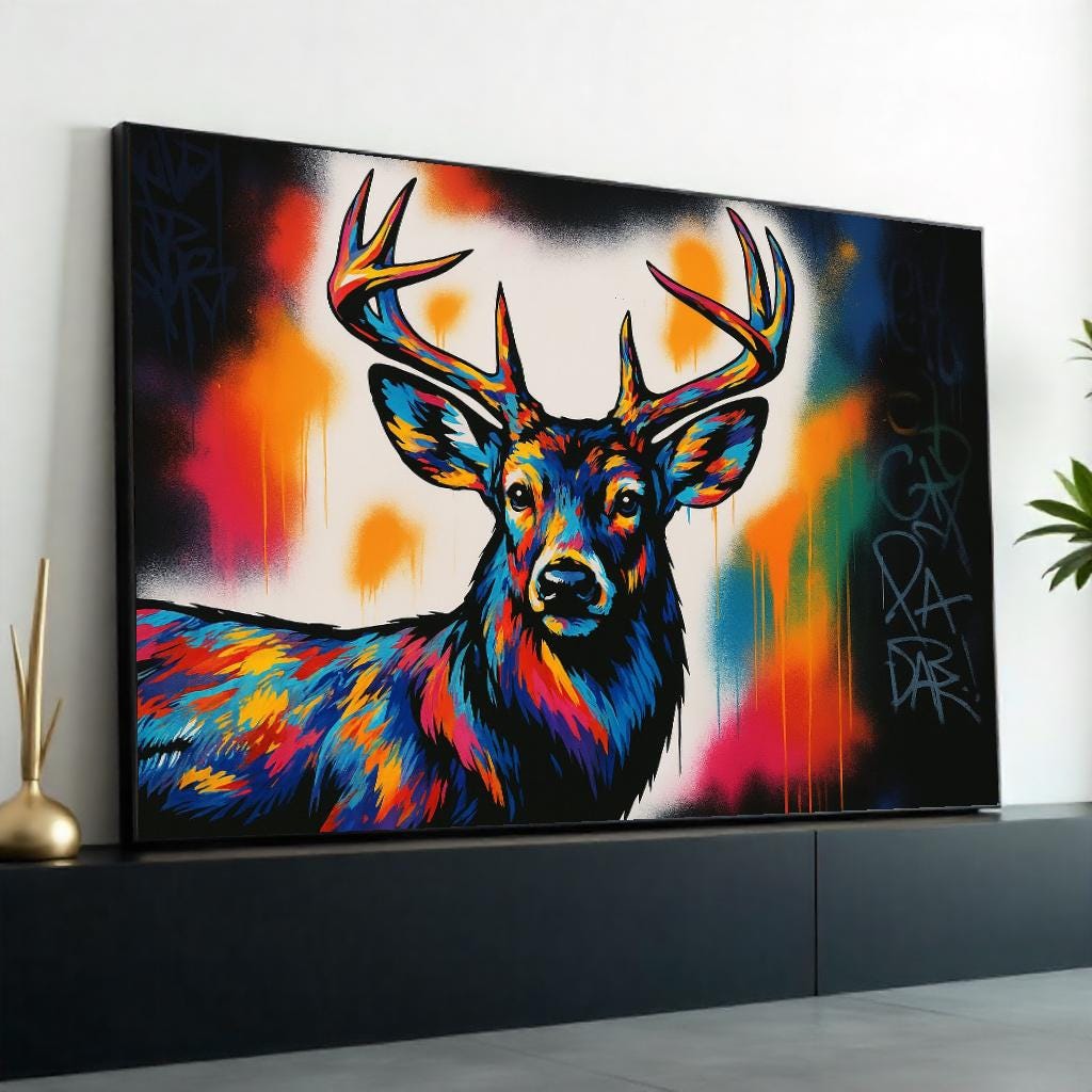 Vibrant Deer Canvas, Multicolor Stag Art, Animal Wall Print, Wall Art Canvas Design, Ready to Hang Decoration, Wildlife Graffiti Art