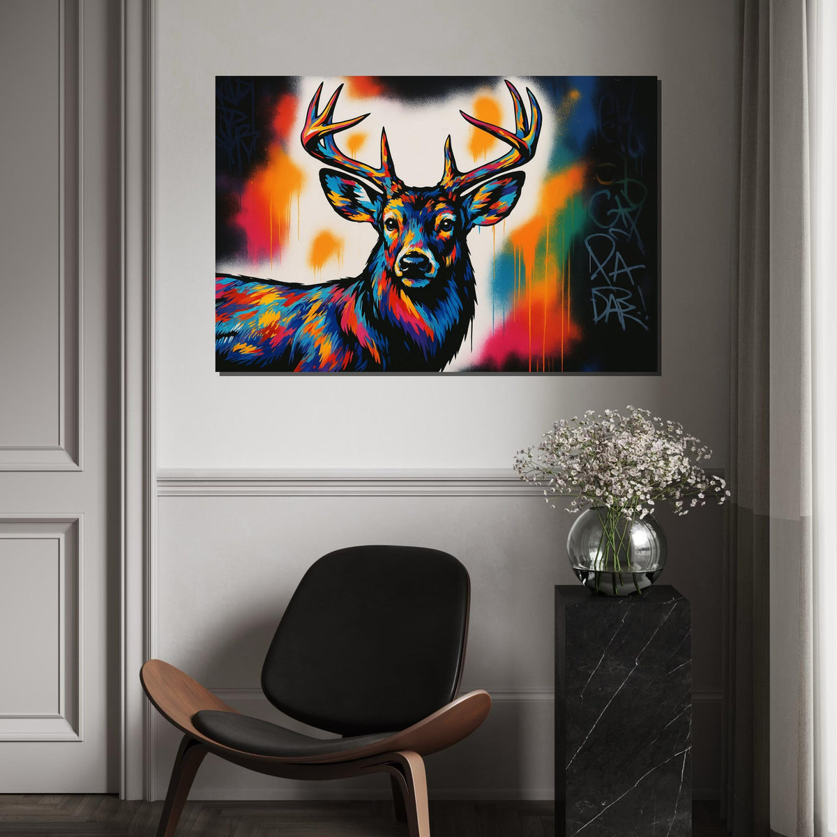 Vibrant Deer Canvas, Multicolor Stag Art, Animal Wall Print, Wall Art Canvas Design, Ready to Hang Decoration, Wildlife Graffiti Art