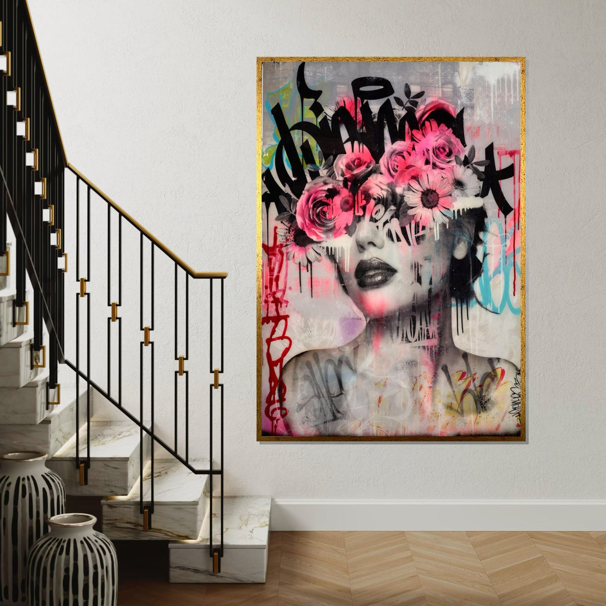 Floral Face Graffiti Canvas, Flower Eyes Art, Urban Wall Art, Abstract Portrait Canvas, Wall Art Canvas Design, Ready to Hang Decor