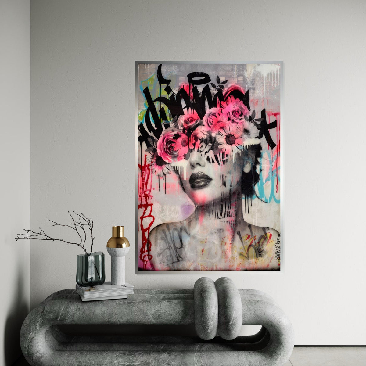 Floral Face Graffiti Canvas, Flower Eyes Art, Urban Wall Art, Abstract Portrait Canvas, Wall Art Canvas Design, Ready to Hang Decor
