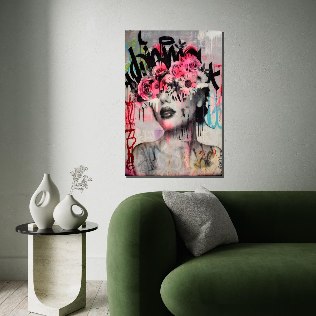 Floral Face Graffiti Canvas, Flower Eyes Art, Urban Wall Art, Abstract Portrait Canvas, Wall Art Canvas Design, Ready to Hang Decor