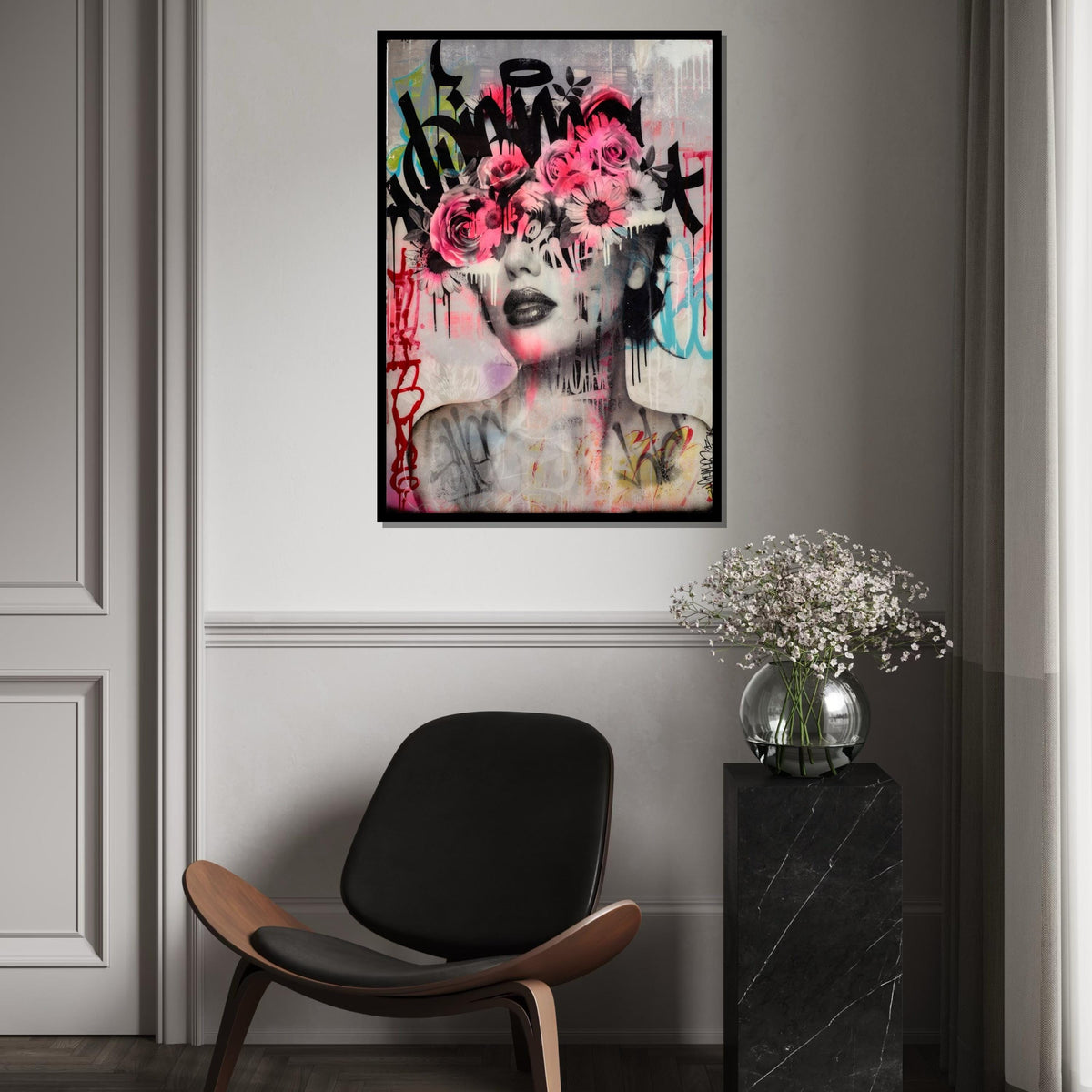 Floral Face Graffiti Canvas, Flower Eyes Art, Urban Wall Art, Abstract Portrait Canvas, Wall Art Canvas Design, Ready to Hang Decor