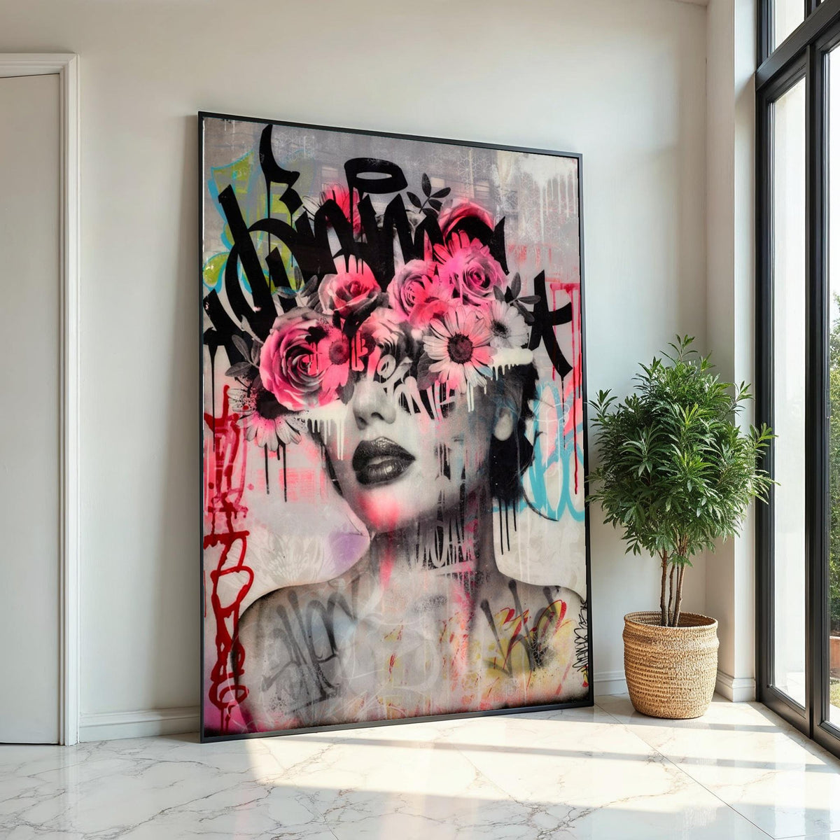 Floral Face Graffiti Canvas, Flower Eyes Art, Urban Wall Art, Abstract Portrait Canvas, Wall Art Canvas Design, Ready to Hang Decor