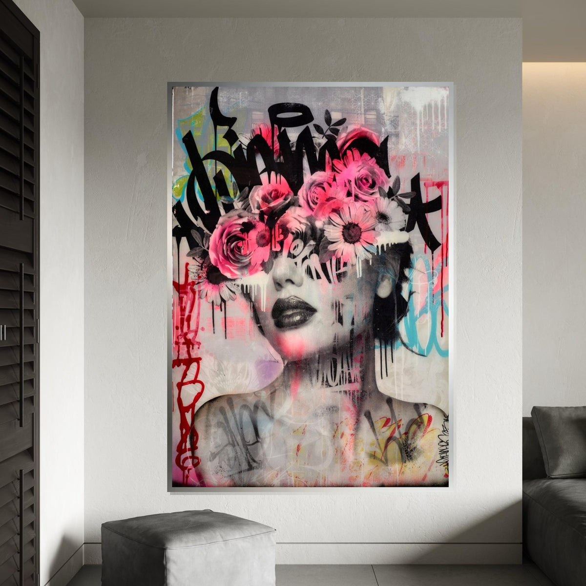 Floral Face Graffiti Canvas, Flower Eyes Art, Urban Wall Art, Abstract Portrait Canvas, Wall Art Canvas Design, Ready to Hang Decor