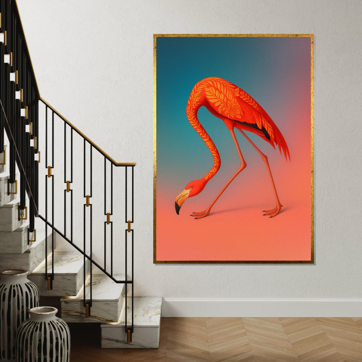 Artistic Flamingo Canvas, Floral Pattern Flamingo Art, Colorful Bird Wall Print, Animal Art Canvas, Wall Art Canvas Design, Ready To Hang