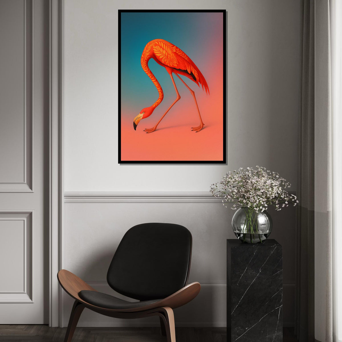 Artistic Flamingo Canvas, Floral Pattern Flamingo Art, Colorful Bird Wall Print, Animal Art Canvas, Wall Art Canvas Design, Ready To Hang