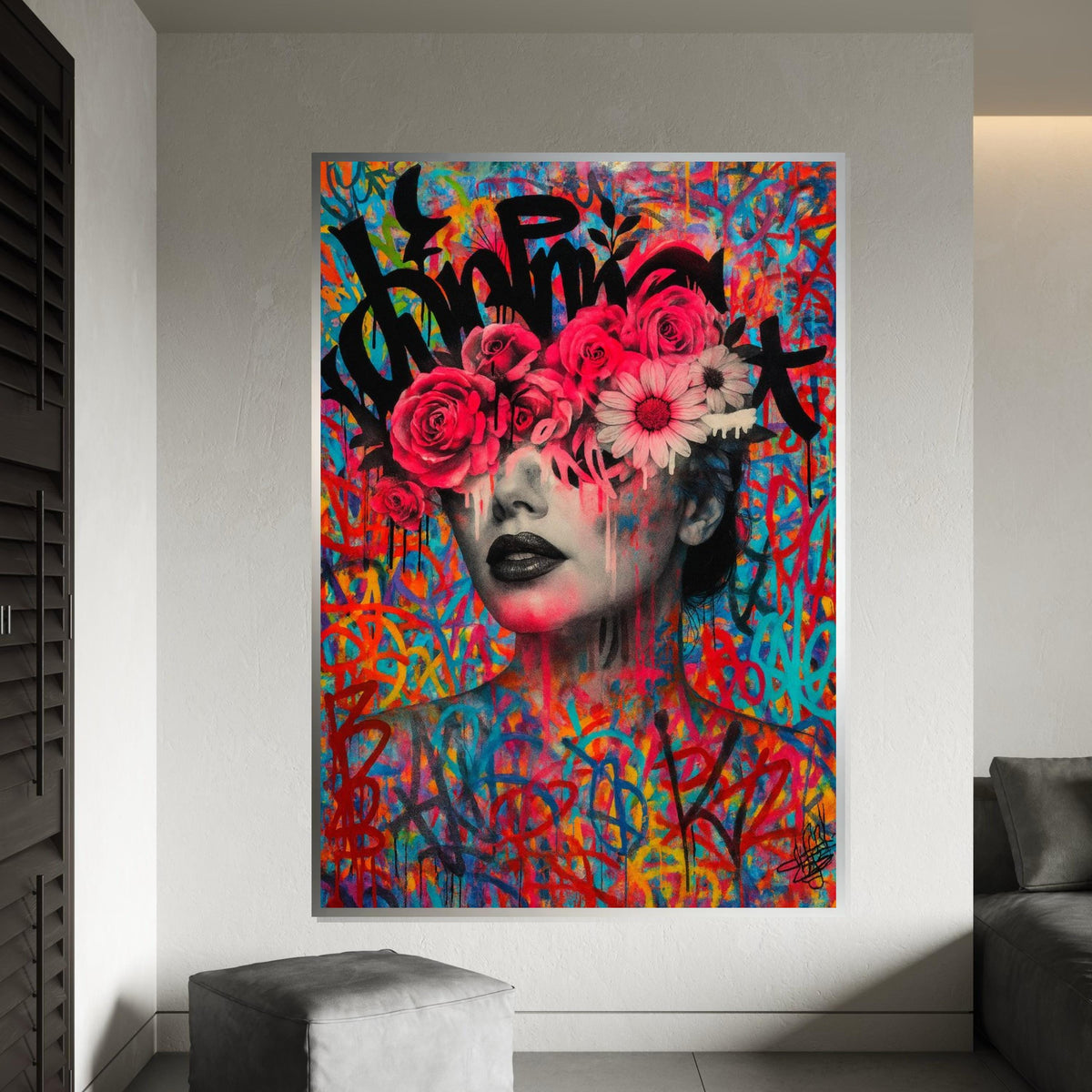 Graffiti Floral Portrait Canvas, Colorful Art Print, Wall Art Canvas Design, Flowers and Graffiti Poster, Ready To Hang Decoration