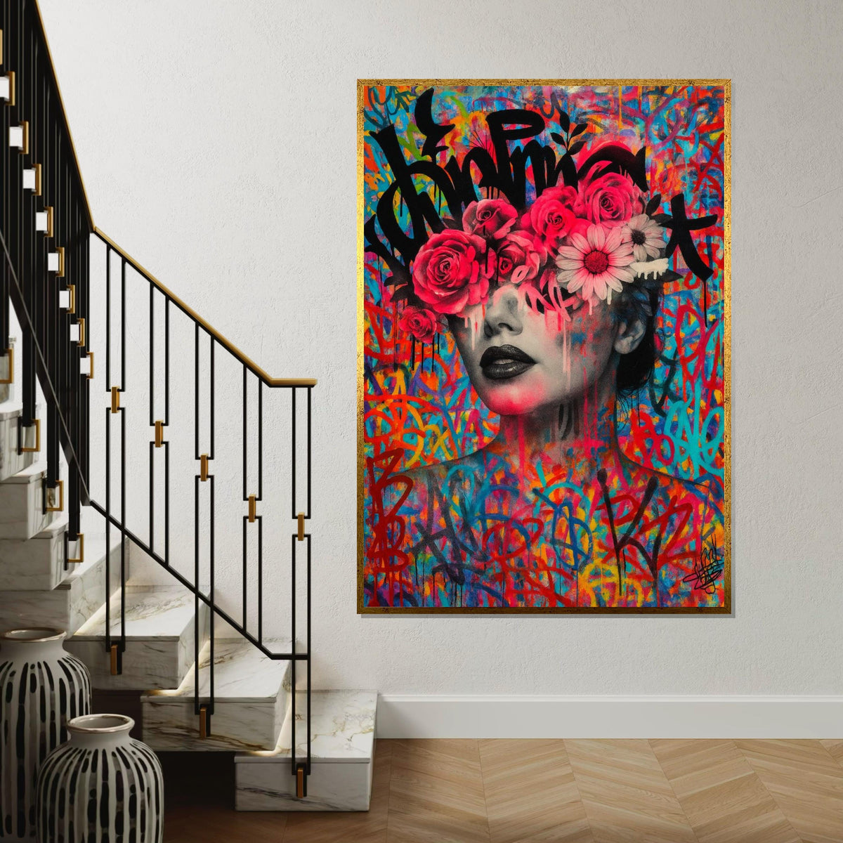 Graffiti Floral Portrait Canvas, Colorful Art Print, Wall Art Canvas Design, Flowers and Graffiti Poster, Ready To Hang Decoration