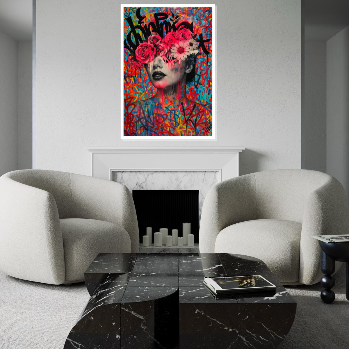 Graffiti Floral Portrait Canvas, Colorful Art Print, Wall Art Canvas Design, Flowers and Graffiti Poster, Ready To Hang Decoration
