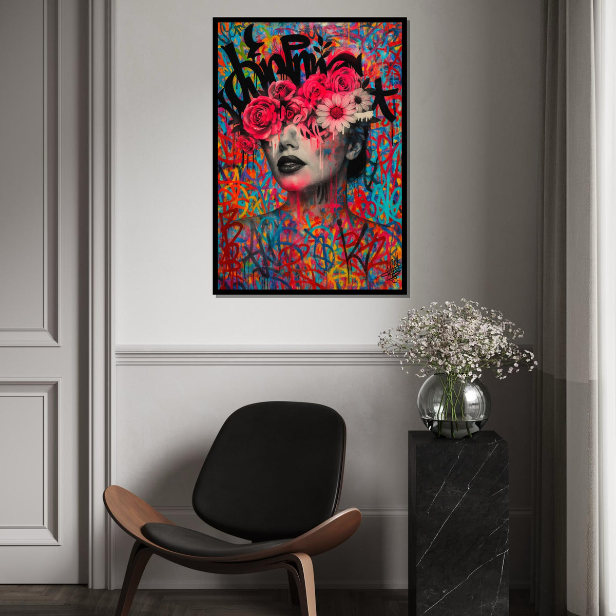 Graffiti Floral Portrait Canvas, Colorful Art Print, Wall Art Canvas Design, Flowers and Graffiti Poster, Ready To Hang Decoration
