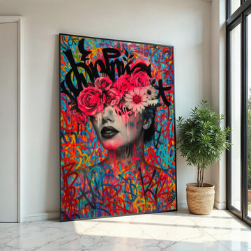 Graffiti Floral Portrait Canvas, Colorful Art Print, Wall Art Canvas Design, Flowers and Graffiti Poster, Ready To Hang Decoration