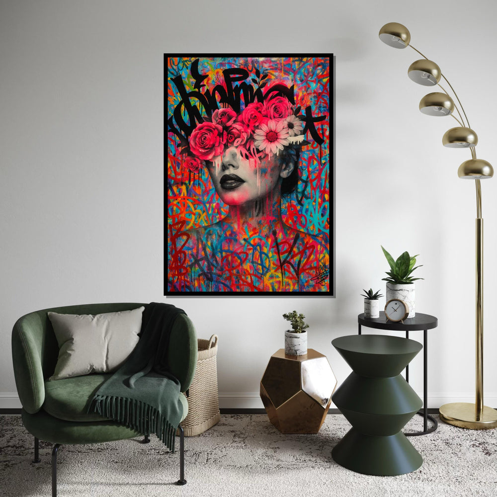 Graffiti Floral Portrait Canvas, Colorful Art Print, Wall Art Canvas Design, Flowers and Graffiti Poster, Ready To Hang Decoration