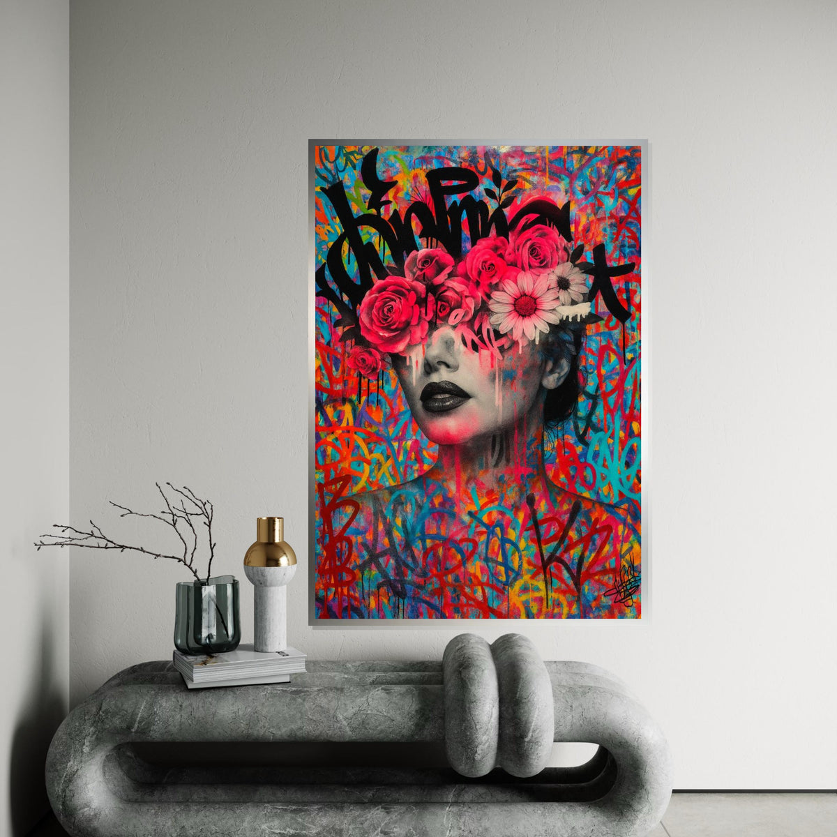 Graffiti Floral Portrait Canvas, Colorful Art Print, Wall Art Canvas Design, Flowers and Graffiti Poster, Ready To Hang Decoration
