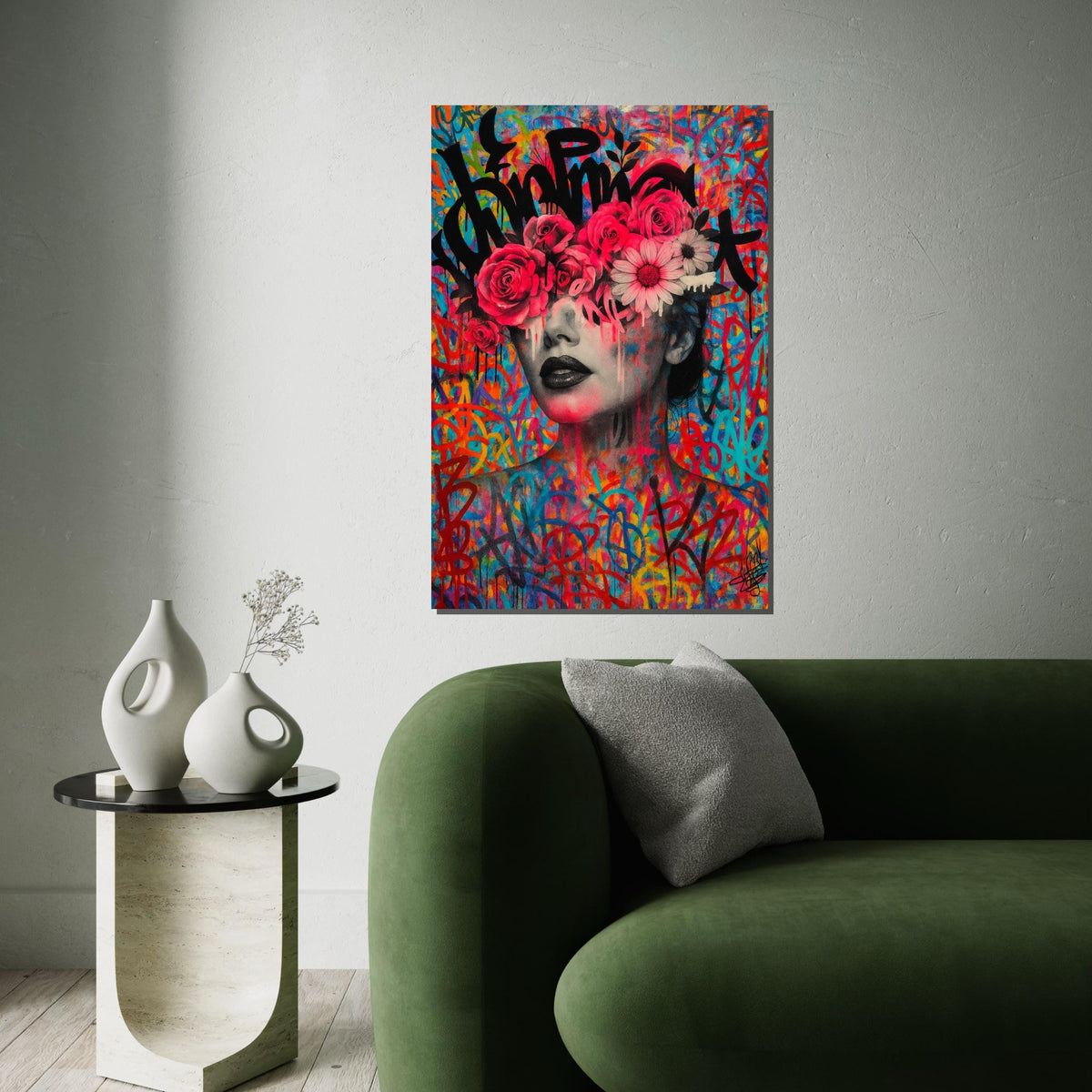 Graffiti Floral Portrait Canvas, Colorful Art Print, Wall Art Canvas Design, Flowers and Graffiti Poster, Ready To Hang Decoration