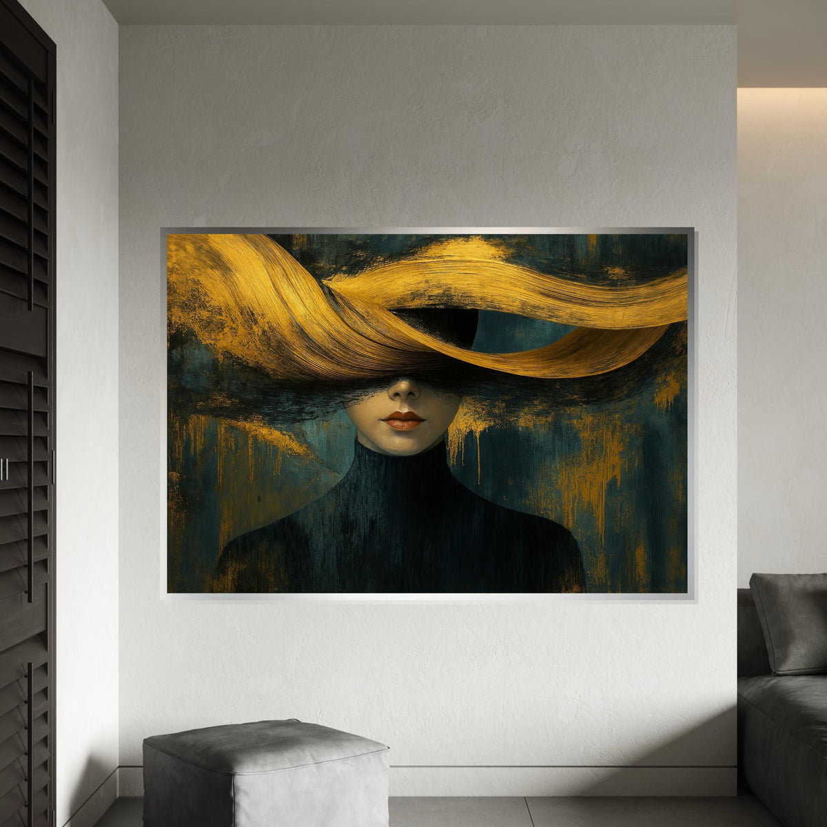 Abstract Woman Canvas Art, Golden Hair Portrait, Modern Wall Art, Elegant Canvas Design, Ready to Hang, Home Decor Artwork, Chic Style