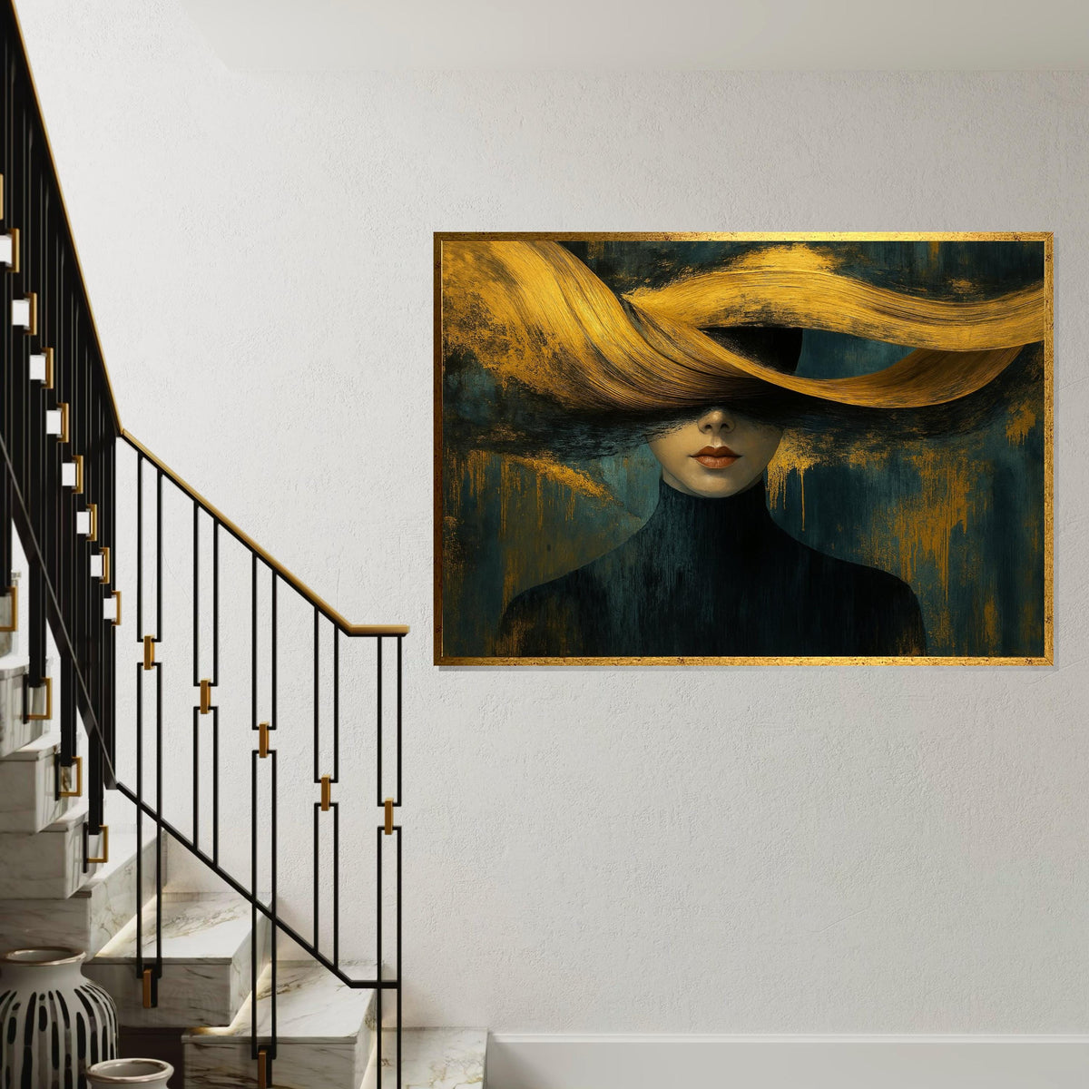 Abstract Woman Canvas Art, Golden Hair Portrait, Modern Wall Art, Elegant Canvas Design, Ready to Hang, Home Decor Artwork, Chic Style