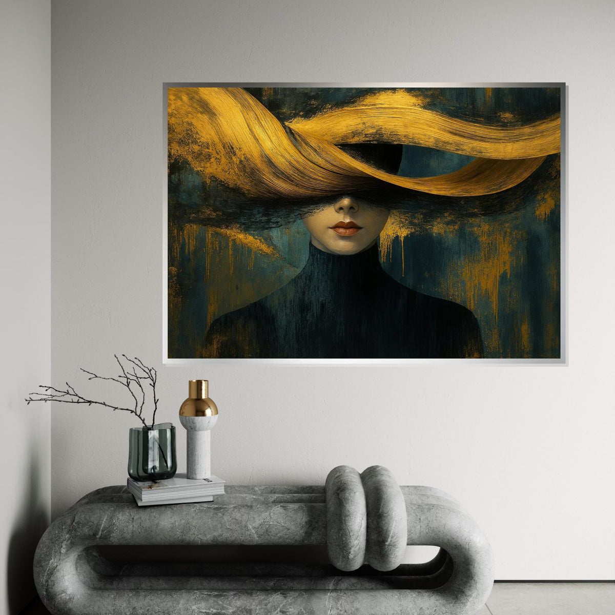 Abstract Woman Canvas Art, Golden Hair Portrait, Modern Wall Art, Elegant Canvas Design, Ready to Hang, Home Decor Artwork, Chic Style