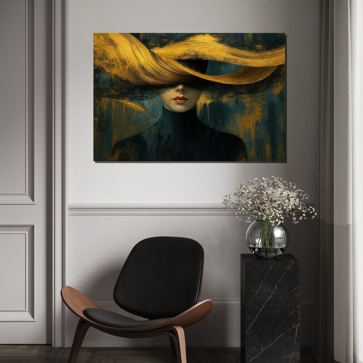 Abstract Woman Canvas Art, Golden Hair Portrait, Modern Wall Art, Elegant Canvas Design, Ready to Hang, Home Decor Artwork, Chic Style