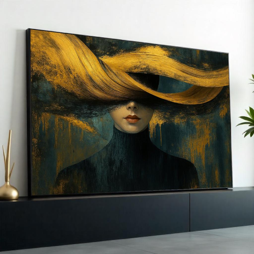 Abstract Woman Canvas Art, Golden Hair Portrait, Modern Wall Art, Elegant Canvas Design, Ready to Hang, Home Decor Artwork, Chic Style