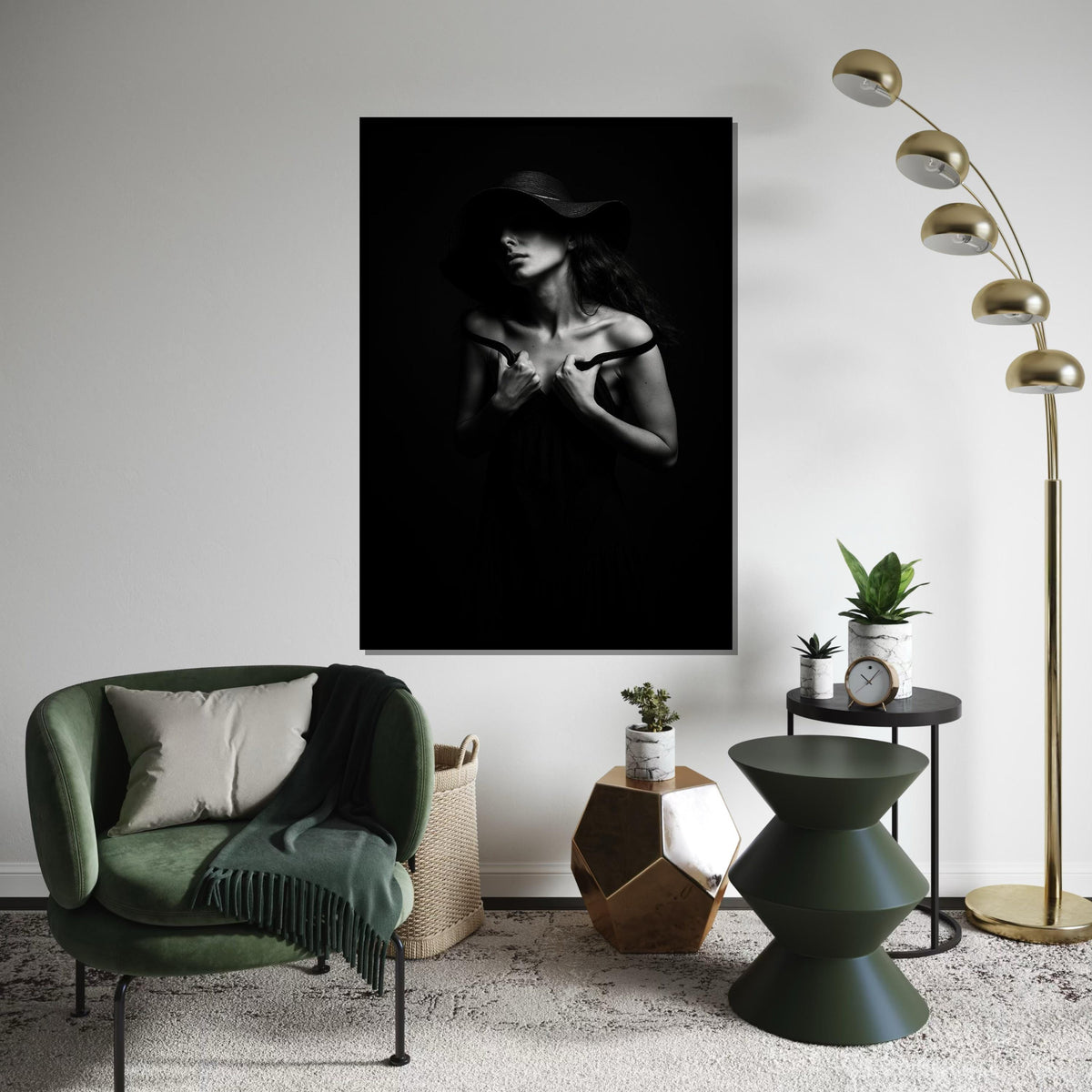 Shadowed Elegance Canvas, Black and White Portrait, Mysterious Woman Art, Wall Art Canvas Design, Ready to Hang Decoration