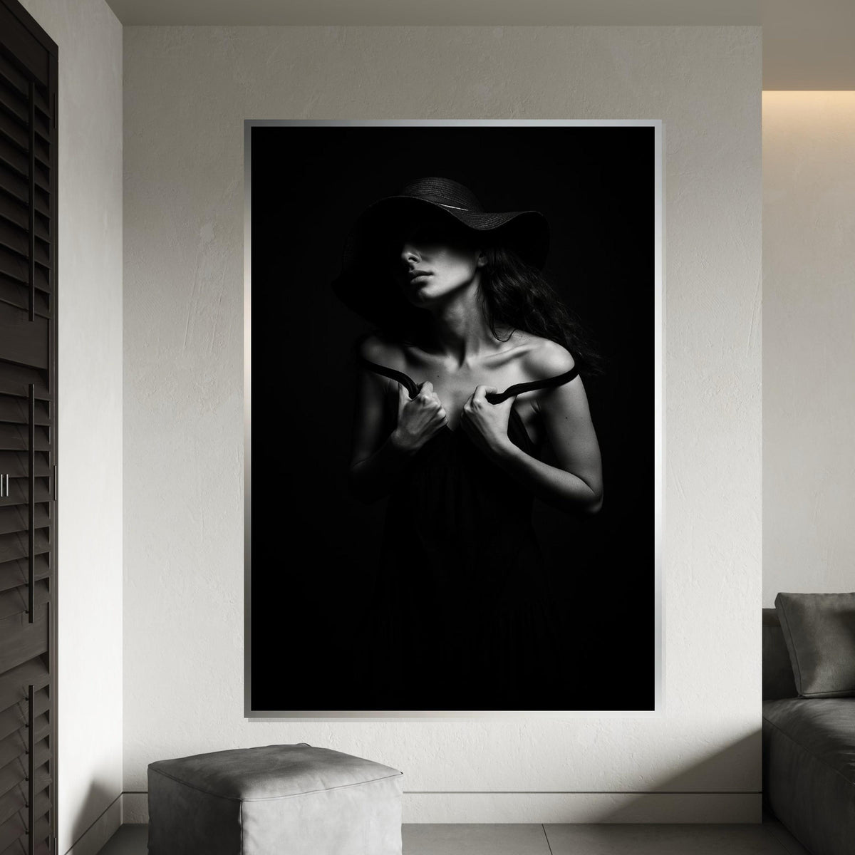Shadowed Elegance Canvas, Black and White Portrait, Mysterious Woman Art, Wall Art Canvas Design, Ready to Hang Decoration
