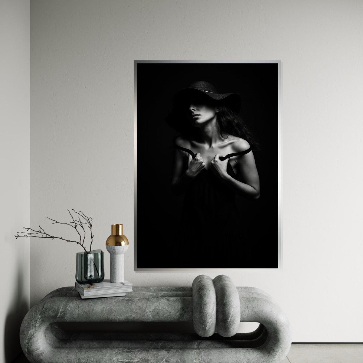 Shadowed Elegance Canvas, Black and White Portrait, Mysterious Woman Art, Wall Art Canvas Design, Ready to Hang Decoration