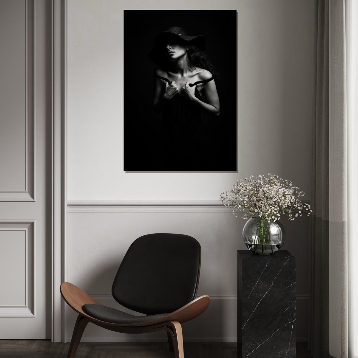 Shadowed Elegance Canvas, Black and White Portrait, Mysterious Woman Art, Wall Art Canvas Design, Ready to Hang Decoration