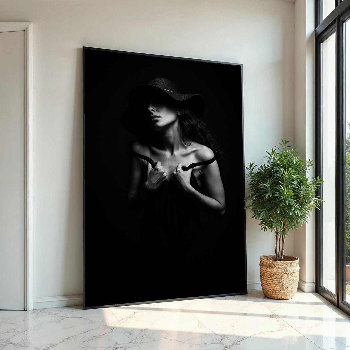 Shadowed Elegance Canvas, Black and White Portrait, Mysterious Woman Art, Wall Art Canvas Design, Ready to Hang Decoration