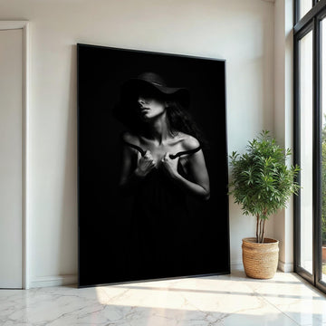 Shadowed Elegance Canvas, Black and White Portrait, Mysterious Woman Art, Wall Art Canvas Design, Ready to Hang Decoration