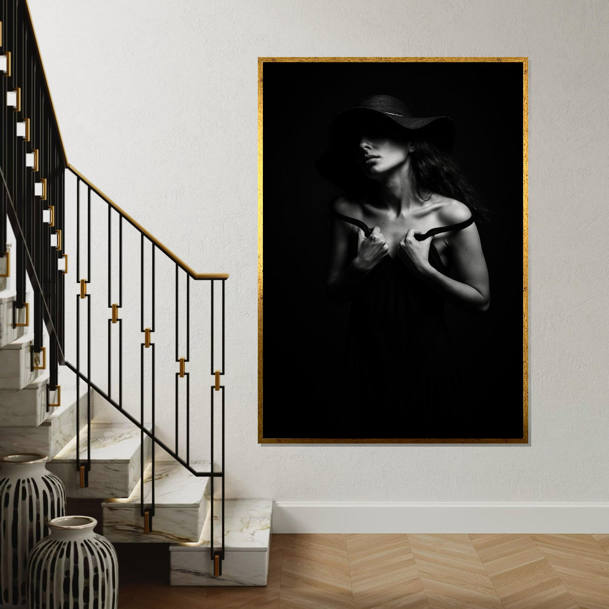 Shadowed Elegance Canvas, Black and White Portrait, Mysterious Woman Art, Wall Art Canvas Design, Ready to Hang Decoration