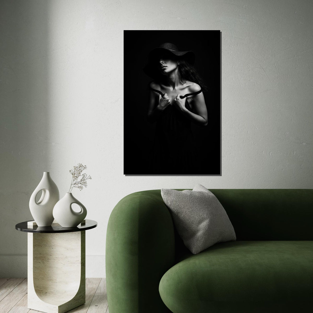 Shadowed Elegance Canvas, Black and White Portrait, Mysterious Woman Art, Wall Art Canvas Design, Ready to Hang Decoration