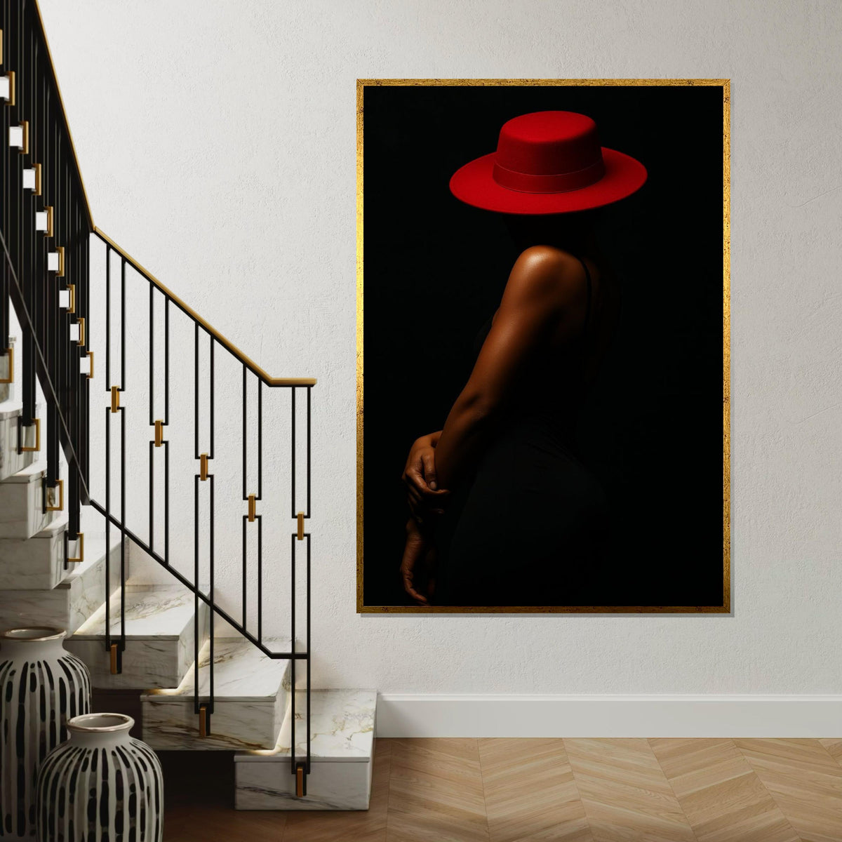 Red Hat Elegance Canvas, Minimalist Woman Art, Wall Art Canvas Design, Fashion Illustration, Ready To Hang Décor, Modern Style Canvas