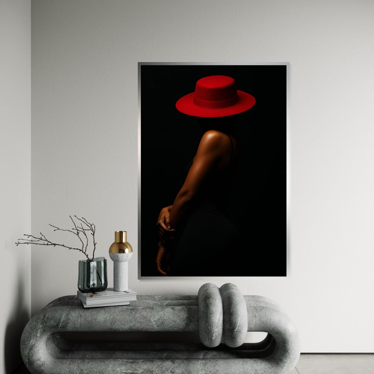 Red Hat Elegance Canvas, Minimalist Woman Art, Wall Art Canvas Design, Fashion Illustration, Ready To Hang Décor, Modern Style Canvas