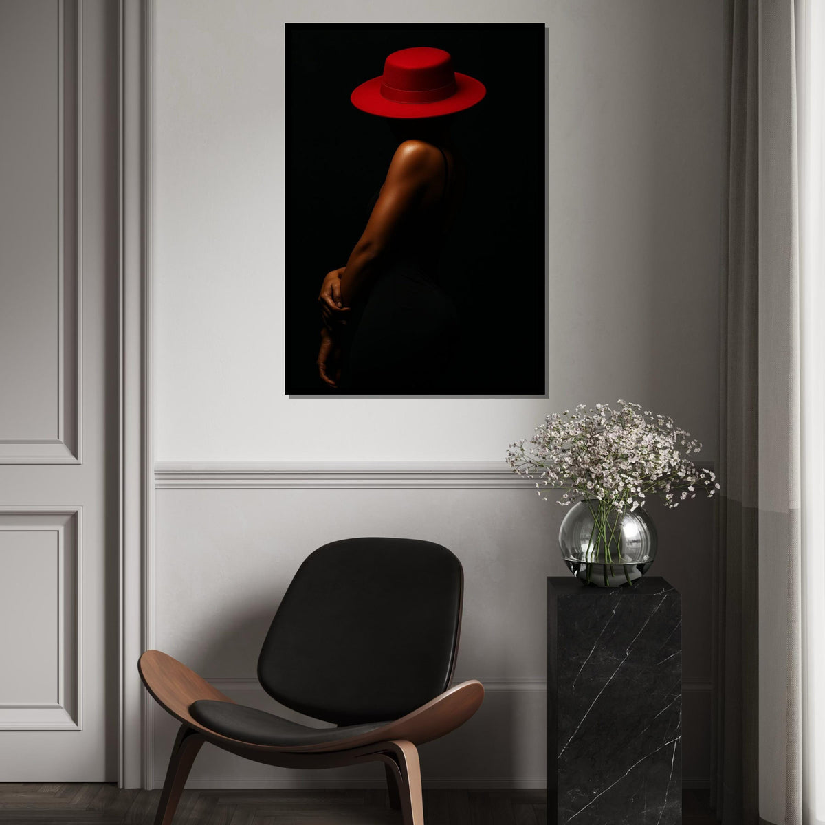 Red Hat Elegance Canvas, Minimalist Woman Art, Wall Art Canvas Design, Fashion Illustration, Ready To Hang Décor, Modern Style Canvas