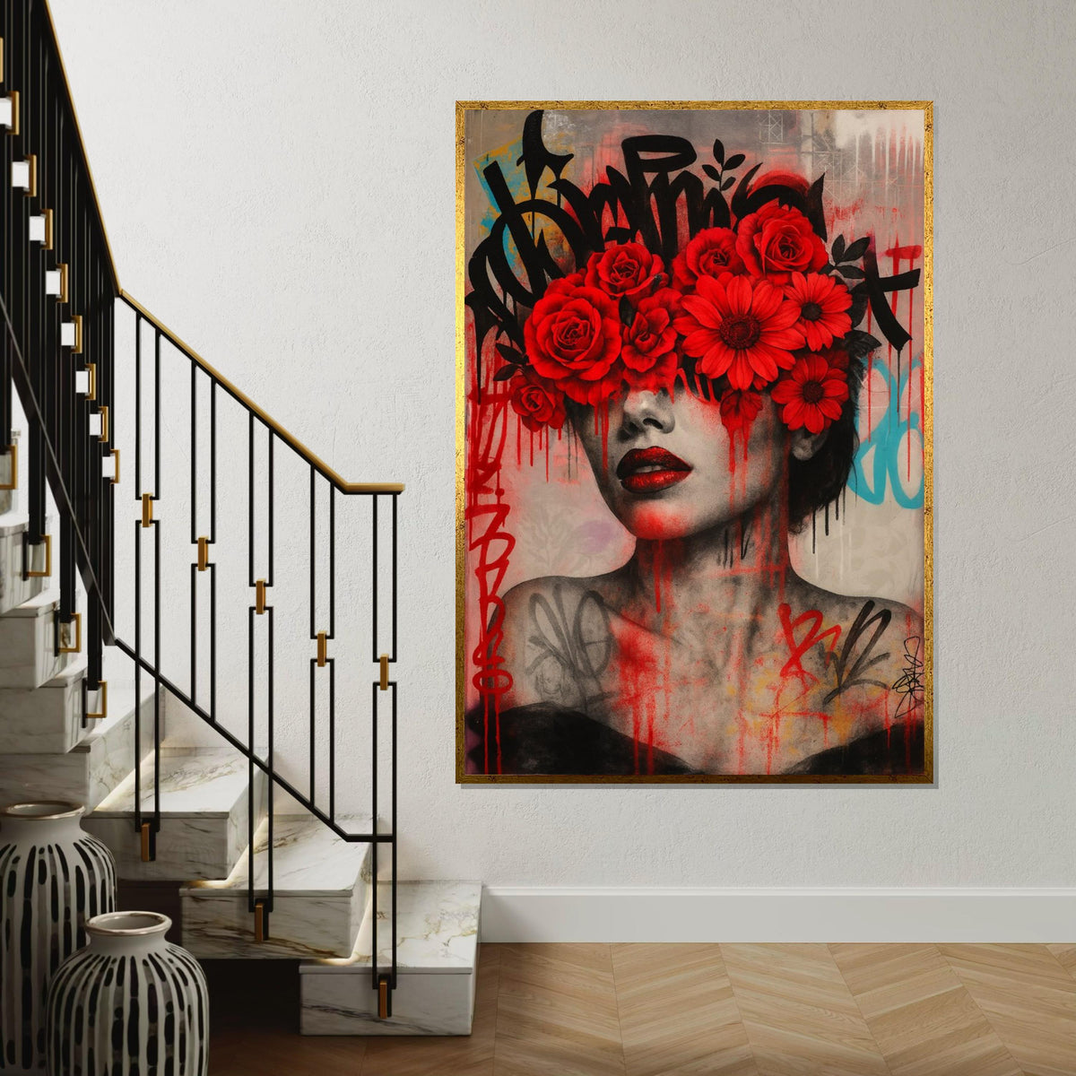 Floral Vision, Red Flowers Graffiti Art, Modern Wall Art, Portrait Canvas, Street Art Canvas Design, Ready To Hang Decoration