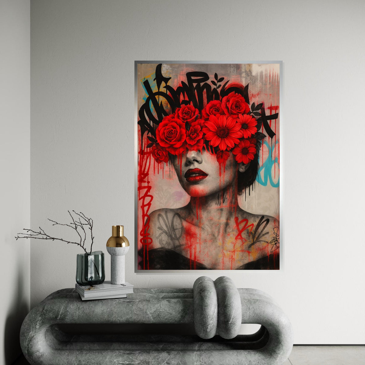 Floral Vision, Red Flowers Graffiti Art, Modern Wall Art, Portrait Canvas, Street Art Canvas Design, Ready To Hang Decoration