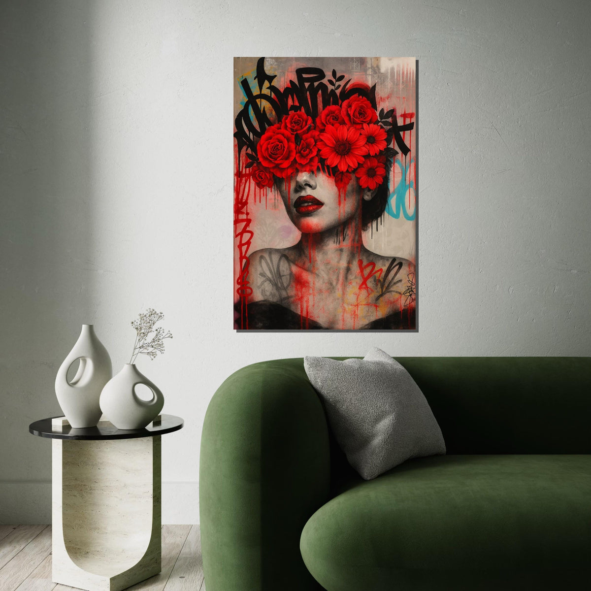 Floral Vision, Red Flowers Graffiti Art, Modern Wall Art, Portrait Canvas, Street Art Canvas Design, Ready To Hang Decoration